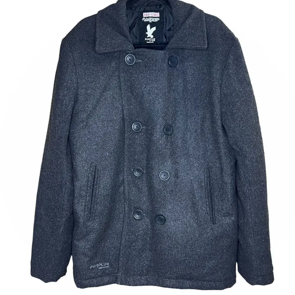 Surplus Raw Vintage Mens Wool Blend Gray Double Breasted Pea Coat Large
